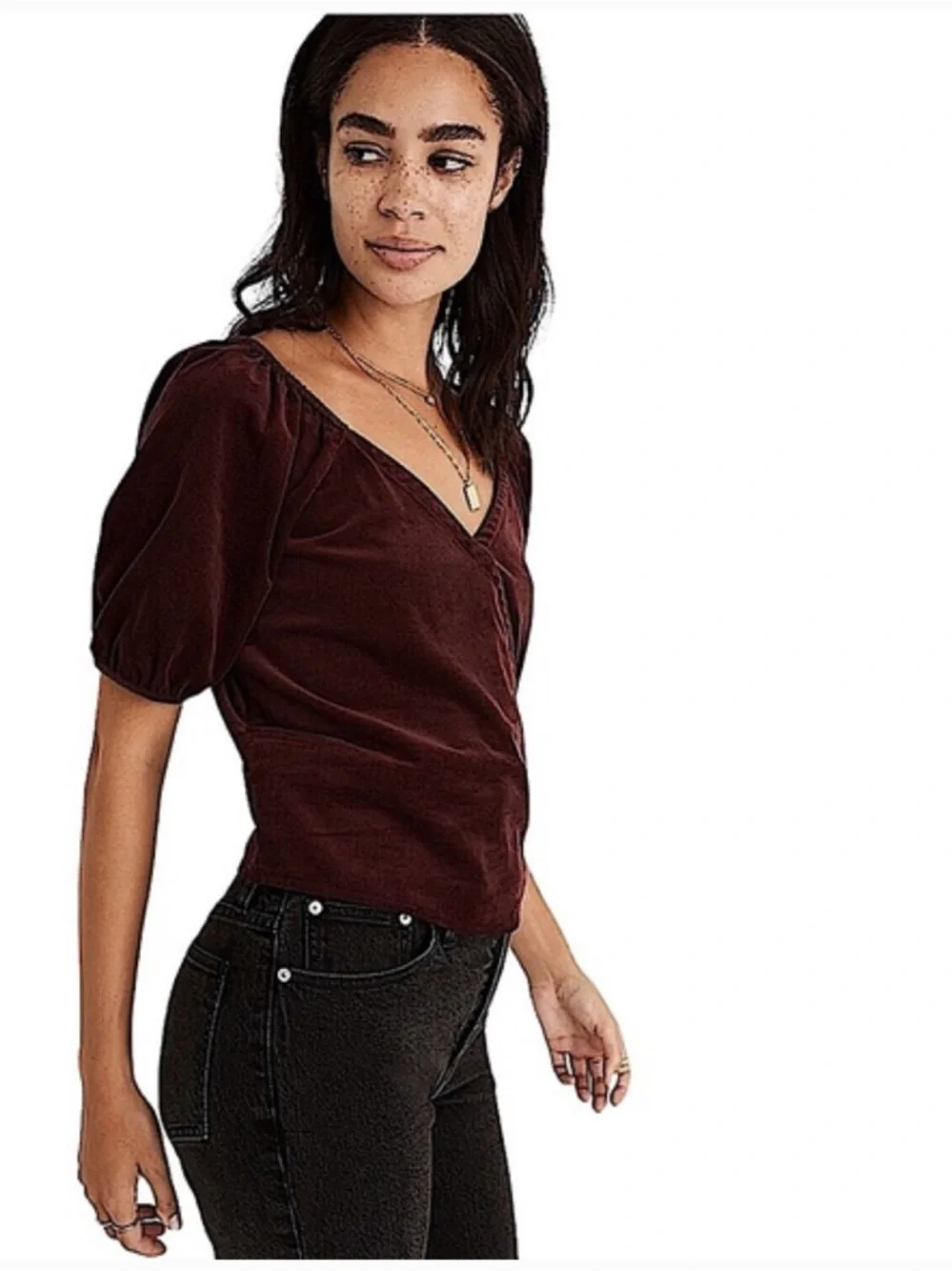NWOT Madewell Burgundy Velvet Corduroy Puff-Sleeve Wrap Top